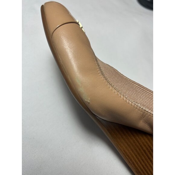 Tory Burch Beige Buttery Leather Wedge Heels Gold Logo Womens Size 10M Classic - Picture 6 of 12